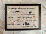 'Tis the Night Halloween Cross Stitch Pattern by Luminous Fiber Arts, framed vintage sampler with witch, black cat, pumpkins, haunted houses, and Halloween poem
